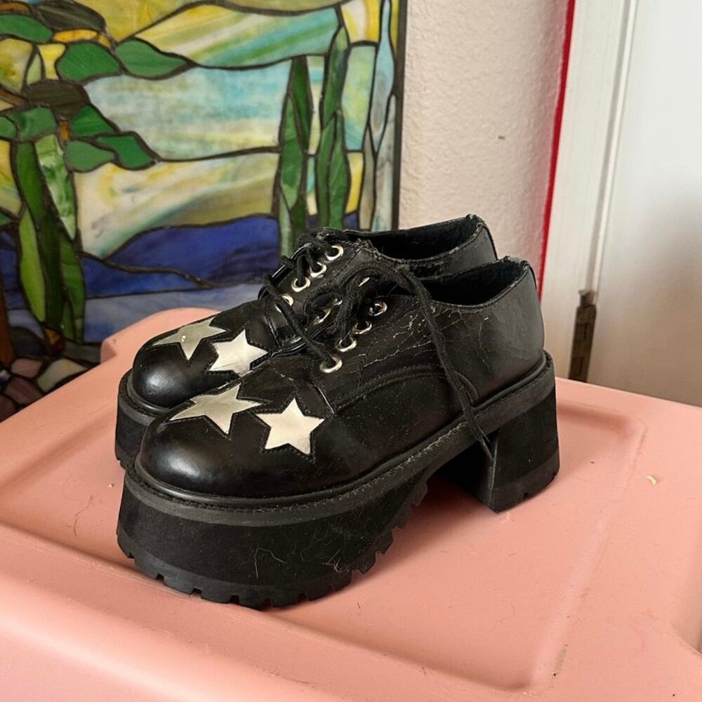 morbid threads vintage hot topic silver star black loafer platform shoes